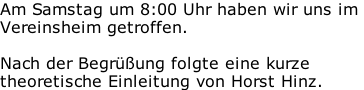 Am Samstag um 8:00 Uhr haben wir uns im  Vereinsheim getroffen.   Nach der Begrüßung folgte eine kurze  theoretische Einleitung von Horst Hinz.